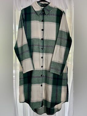 SHEIN Green & Cream Plaid Longline Button-Up Duster